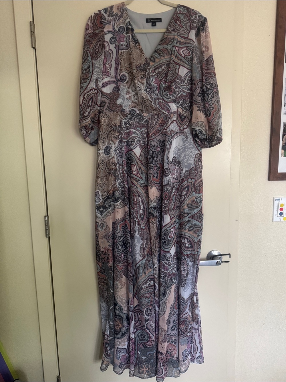 INC International Concepts Taupe Paisley Faux Wrap-Style Maxi Dress 10 Lined 3/4